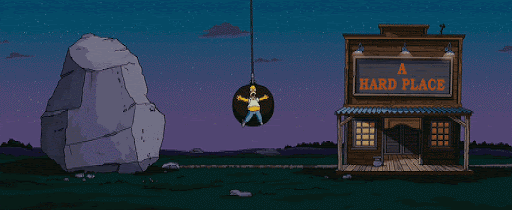 gif of homer simpson swining between a rock and a building called a hard place