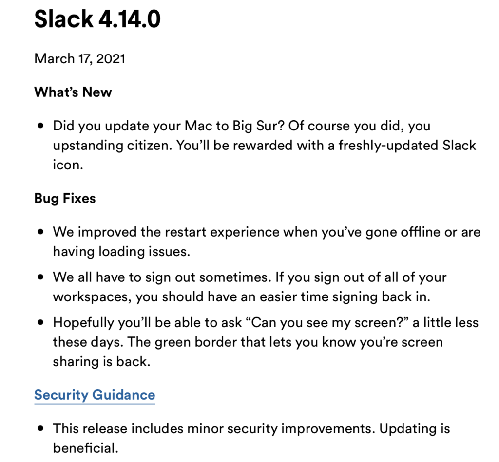 slack product release notes screenshot
